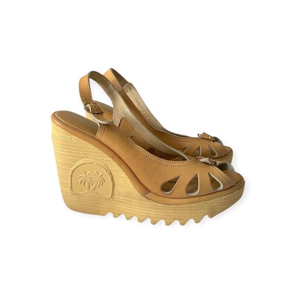 1970s Tan Leather Wedge Sandals by Sears The Shoe Place – Size 5B – Made‎ in USA - Picture 3 of 10